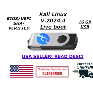 May include: A silver and black USB flash drive with the Kali Linux logo. The drive is labeled "Kali Linux V.2024.4 Live boot" and "16 GB USB". The text "BIOS/UEFI SHA-VERIFIED" is also visible. The image includes the text "USA SELLER! READ DESC!" and a graphic of the American flag.