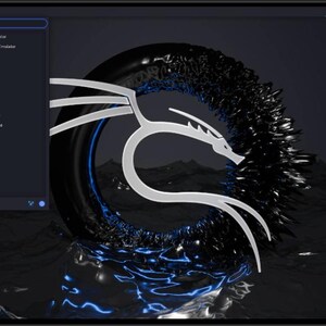 May include: A computer screen displaying a dark blue background with a white and black stylized dragon logo. The logo is surrounded by a black ring with a blue glow. A menu bar on the left side of the screen lists various categories and subcategories.