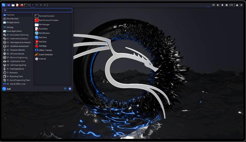 May include: A computer screen displaying a dark blue background with a white and black stylized dragon logo. The logo is surrounded by a black ring with a blue glow. A menu bar on the left side of the screen lists various categories and subcategories.