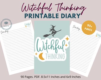Könnte beinhalten: Ein druckbares Tagebuch mit den Worten "Witchful Thinking" und einer Hexe auf einem Besen. Das Tagebuch hat linierte Seiten und den Text "Dear diary". Das Tagebuch ist in 21,6 x 27,9 cm und 15,2 x 22,9 cm erhältlich, mit über 90 Seiten.