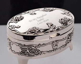 Roma London Personalised Oval Silver plated Antique Rose Trinket Box Personalised Engraved Silver Jewellery Box, Anniversary, Wedding