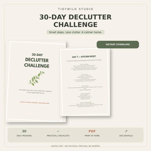 Bundel met de 30-dagen opruimuitdaging, een printbare opruimchecklist, een opruimwerkboek (pdf) en een schoonmaak- en organisatiegids.