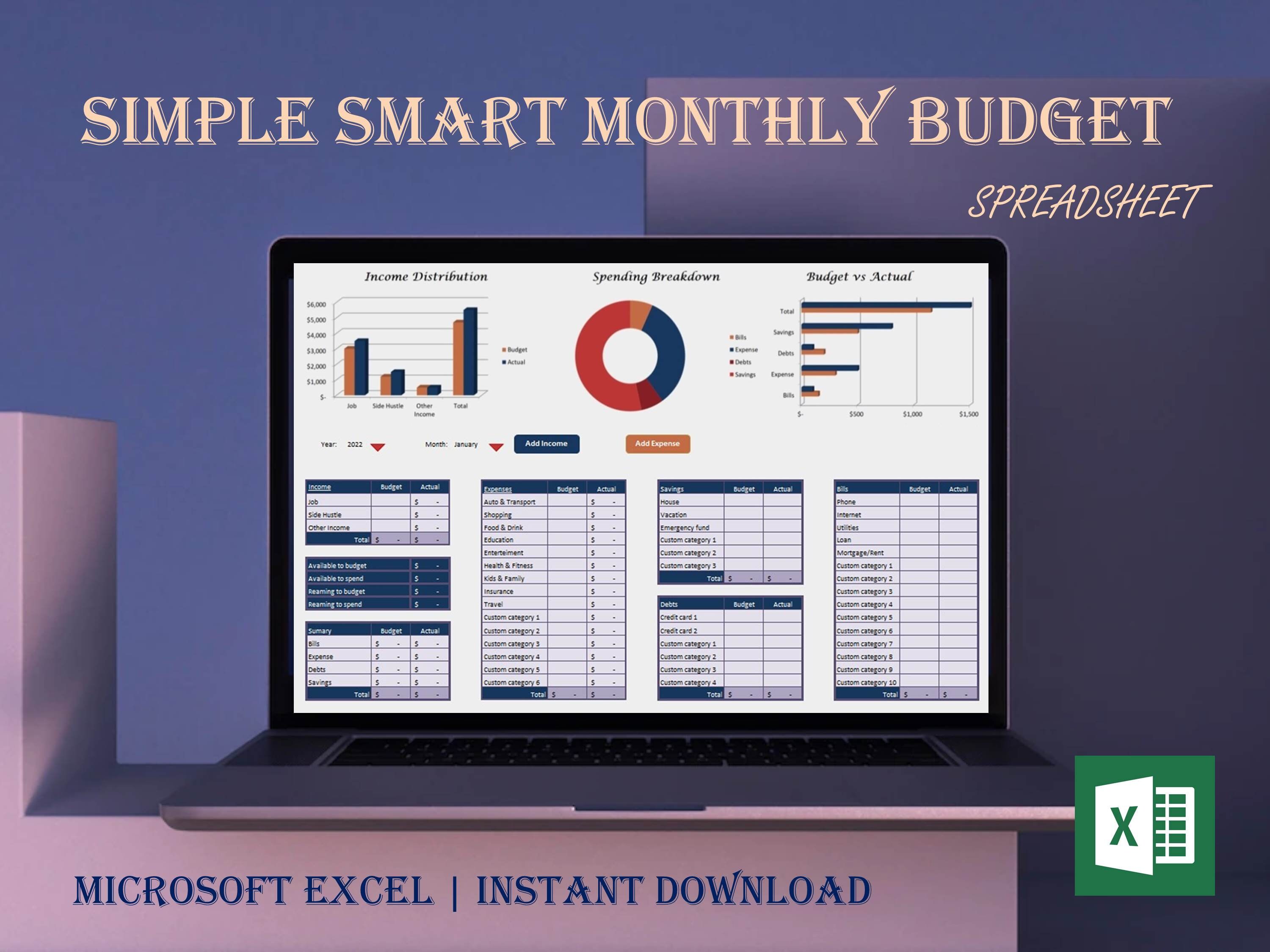 Simple Smart Monthly Budget Spreadsheet Template for Excel, Budget