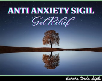 May include: A blue and purple glitched text graphic that reads "Anti Anxiety Sigil Get Relief" against a starry night sky with a lone tree reflected in a still lake. The text "Aurora Unda Sigils" is in the bottom right corner.