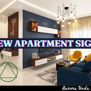 May include: A living room interior with a blue couch, yellow armchair, and a coffee table. The room has a blue and white striped wall, a wooden entertainment center, and a chandelier with multiple light bulbs. The text "NEW APARTMENT SIGIL" is displayed in pink and blue letters across the top of the image. The text "Aurora Unda Sigils" is displayed in white letters at the bottom of the image.