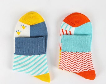 Fibiworkshop/1 Pair/ Women's Patterned Contrast Color Cotton Socks/ Fashion/ Cute/ Creative/ Adult Socks/For Couples/ Cozy/ Gift Idea