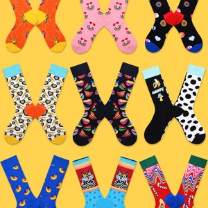 Fibiworkshop/ 1 Pair/ Women&#39;s/ Men&#39;s Patterned Cotton  Crew Socks/ Creative/ Art/ Fashion/ Cute/ Color/ Soft/ Bright/ Animal/ Heart/ Gift