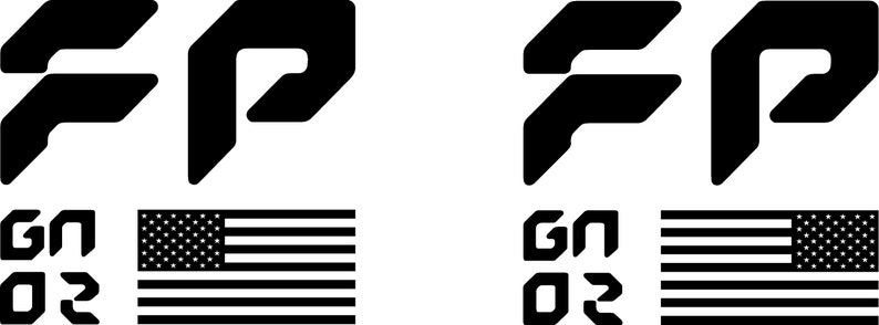 Pode incluir: Logotipo preto e branco com as letras "FP" em uma fonte estilizada. Abaixo do logotipo, o texto "GN 02" em uma fonte de bloco. O logotipo &eacute; repetido no lado direito da imagem, com uma bandeira americana &agrave; direita do texto.