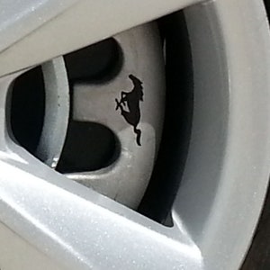 Op de afbeelding: Close-up van een zilveren autowiel met een zwart renpaardlogo op de remrotor.