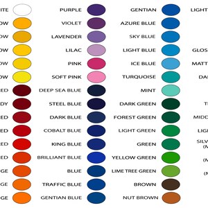 Peut inclure: Un nuancier de 48 couleurs diff&eacute;rentes, comprenant le blanc, le violet, le bleu gentiane, le brun clair, le jaune dor&eacute;, le violet, le bleu azur, le beige, le jaune signal, la lavande, le bleu ciel, la cr&egrave;me, le jaune, le lilas, le bleu clair, le noir brillant, le jaune clair, le rose, le bleu glacier, le noir mat, le jaune soufre, le rose p&acirc;le, la turquoise, le gris fonc&eacute;, le rouge pourpre, le bleu marine, la menthe, le gris, le bordeaux, le bleu acier, le vert fonc&eacute;, le gris t&eacute;l&eacute;, le rouge fonc&eacute;, le bleu fonc&eacute;, le vert for&ecirc;t, le gris moyen, le rouge, le bleu cobalt, le vert clair, le gris clair, le rouge clair, le bleu roi, le vert, le gris argent&eacute; (m&eacute;tallique), le rouge orang&eacute;, le bleu brillant, le vert jaune, l'orange, le bleu, le vert lime, l'or (m&eacute;tallique), l'orange clair, le bleu trafic, le brun, l'orange pastel, le bleu gentiane, le brun noisette.
