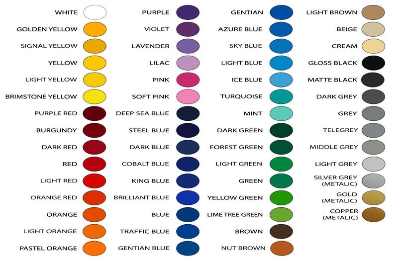 Peut inclure: Un nuancier de 48 couleurs diff&eacute;rentes, comprenant le blanc, le violet, le bleu gentiane, le brun clair, le jaune dor&eacute;, le violet, le bleu azur, le beige, le jaune signal, la lavande, le bleu ciel, la cr&egrave;me, le jaune, le lilas, le bleu clair, le noir brillant, le jaune clair, le rose, le bleu glacier, le noir mat, le jaune soufre, le rose p&acirc;le, la turquoise, le gris fonc&eacute;, le rouge pourpre, le bleu marine, la menthe, le gris, le bordeaux, le bleu acier, le vert fonc&eacute;, le gris t&eacute;l&eacute;, le rouge fonc&eacute;, le bleu fonc&eacute;, le vert for&ecirc;t, le gris moyen, le rouge, le bleu cobalt, le vert clair, le gris clair, le rouge clair, le bleu roi, le vert, le gris argent&eacute; (m&eacute;tallique), le rouge orang&eacute;, le bleu brillant, le vert jaune, l'orange, le bleu, le vert lime, l'or (m&eacute;tallique), l'orange clair, le bleu trafic, le brun, l'orange pastel, le bleu gentiane, le brun noisette.