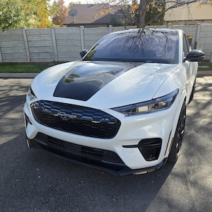 Puede incluir: Un vehículo eléctrico blanco con una franja negra en el capó y detalles en negro. La parte delantera del coche presenta una parrilla negra con el logotipo de Mustang. El coche está estacionado sobre una superficie de asfalto.