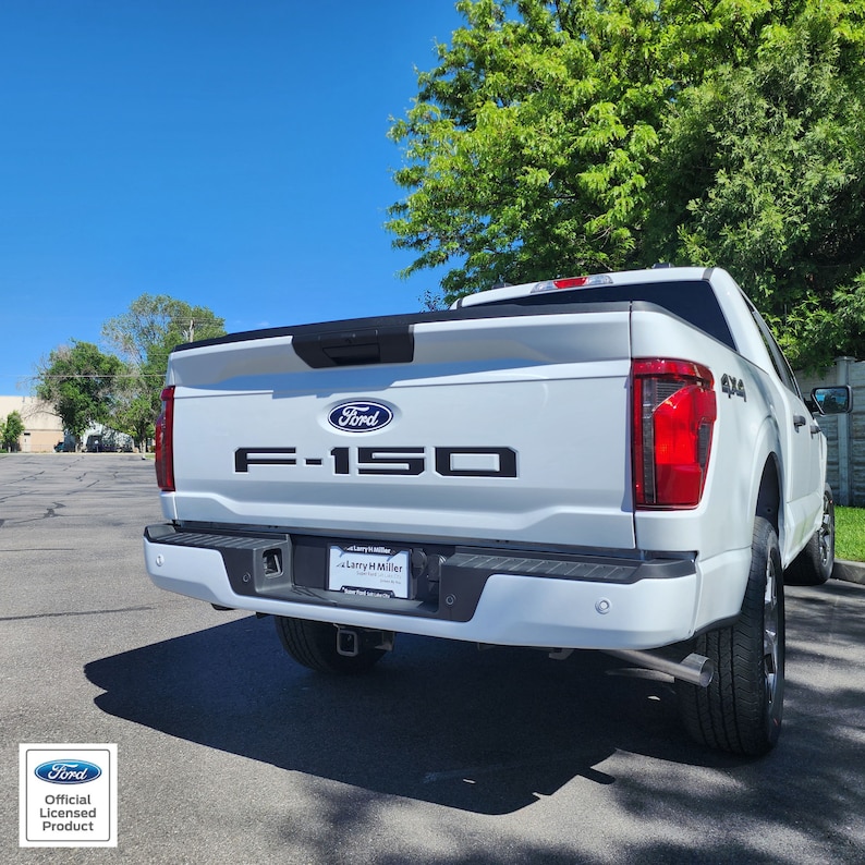 Op de afbeelding: Een witte Ford F-150 pick-up truck met zwarte letters en een Ford-embleem. De truck heeft zwarte banden en een kentekenplaat. De foto is buiten op een zonnige dag genomen.
