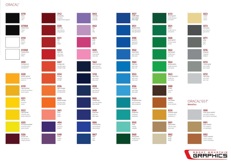 Puede incluir: Una carta de colores Oracal completa que muestra una amplia gama de muestras de vinilo dispuestas en columnas. Cada cuadrado presenta un c&oacute;digo num&eacute;rico &uacute;nico y un nombre de color. El documento incluye la secci&oacute;n Oracal 651 Metallics y el logotipo de Rocky Mountain Graphics.