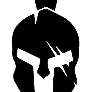May include: Black and white silhouette of a Spartan helmet with a plume on top.