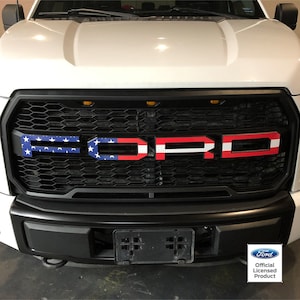 May include: A white Ford pickup truck with a black grille. The Ford logo is decorated with an American flag design. The truck has a black bumper and a license plate.