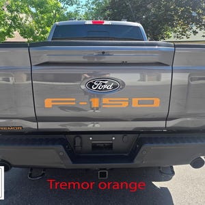 Op de afbeelding: Achteraanzicht van een grijze Ford F-150 Tremor-truck. De truck heeft oranje "F-150" letters en een Ford-embleem. De bumper is zwart en de achterlichten zijn rood. De woorden "Tremor orange" zijn in het rood geschreven.