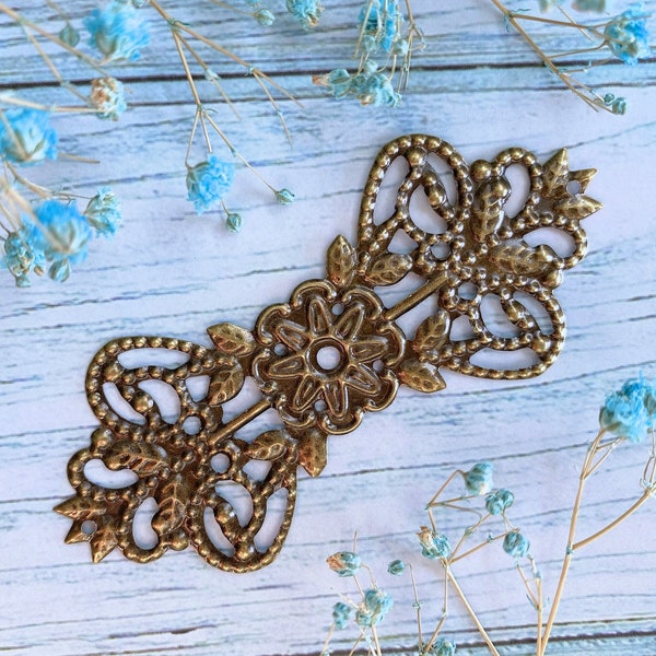 2pcs Antique Brass Filigree Links Metal Embellishments for Scrapbooking Flower Ornaments for Assemblage Work Journaling Connectors 31x73mm