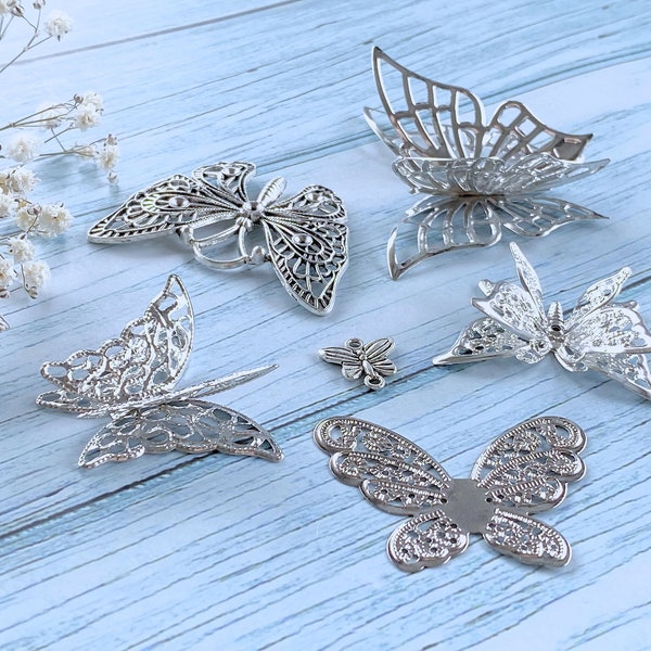 6pcs Set Butterfly Charm Pendants Vintage Filigree Metal Scrapbooking Embellishments for Junk Journal Making Retro Planner Accessories