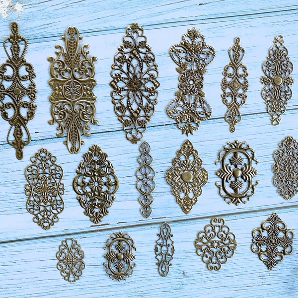 17pcs Set Filigree Flower Wraps Connectors Scrapbooking Metal Embellishments, Vintage Long Bronze Stamping Findings for DIY Craft Supplies