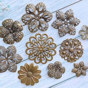 10pcs Set Flower Filigree Metal Embellishments Wraps Connectors Flat Scrapbooking Findings for DIY Jewelry Making Supplies for Junk Journal