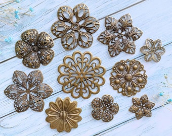 10pcs Set Flower Filigree Metal Embellishments Wraps Connectors Flat Scrapbooking Findings for DIY Jewelry Making Supplies for Junk Journal