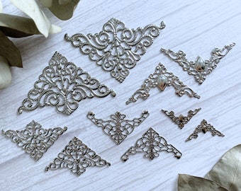 10pcs Set Filigree Triangle Stamping Links Vintage Wraps Connectors Metal Journal Corners Embellishments for Scrapbooking Craft Supplies