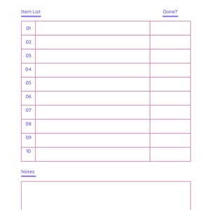 Könnte beinhalten: Ein weißer To-Do-Listen-Notizblock mit einem lila und rosa Design. Der Titel "To Do List" ist in Rosa gehalten und mit einem lila Unterstrich versehen. Der Notizblock enthält Abschnitte für Artikellisten, ein Datum und Notizen.