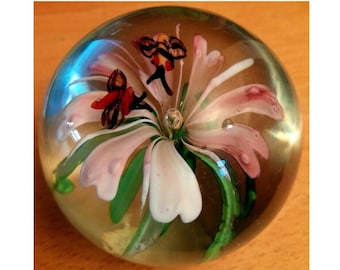 Glass Paperweight Pink Floral with Insects VGC 3&quot;