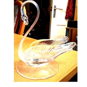 Vintage Glas Swan Schmuck-Ring-Halter Mid-Century Mundgeblasen 12x13x9 cm VGC