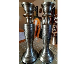 Silver Metal Taper Candlesticks Pair 10 1/2 Inch HEAVY Engraved Indian VGC