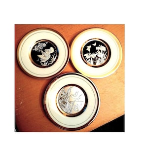 Trio of Japanese Chokin Collector Plates 10cms Diameter White 24ct Gilded VGC