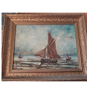 Signed original nautical oil on board c1979 H C Owen Fishing Boats Gilt Frame 50x40cm