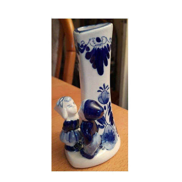 Vase tige figuratif bleu de Delft en forme de coeur VTG peint à la main 13 cm VGC