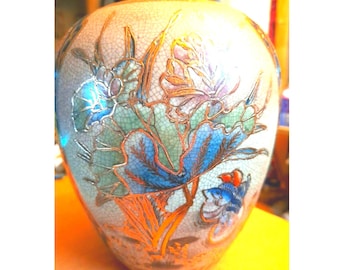 Japanese Vase Floral Hand Painted Mid Century Gold Bright Crackle