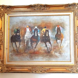 Gilt Framed Oil on Canvas Painting of The Famous Edward Barton Original entitled &quot;Photo Finish&quot; unsigned 31&quot;x 26&quot;