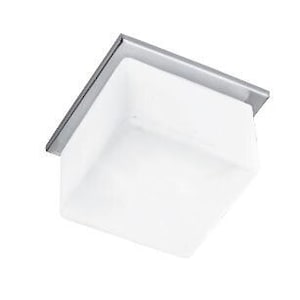 May include: A square, flush-mount ceiling light fitting. The fitting has a white, frosted glass shade and a brushed metal trim. The light is designed for indoor use and provides ambient lighting.