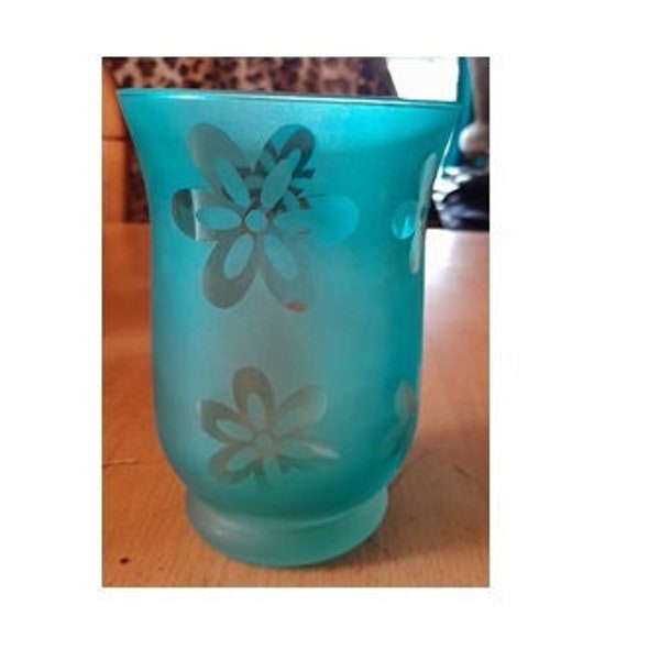 Turquoise Frosted Glass Hurricane Vase Candle Centrepiece Accent 15cm x 10cm VGC