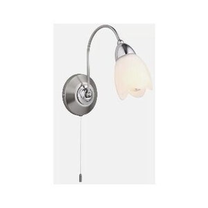 May include: A wall-mounted light fixture with a brushed nickel finish. The fixture features a curved arm supporting a tulip-shaped, frosted glass shade. A pull chain hangs from the base. The light is designed for indoor use.