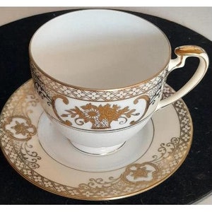 1950s NORITAKE Japan Gold Basket No 5567 White Porcelain Cup and Saucer VGC