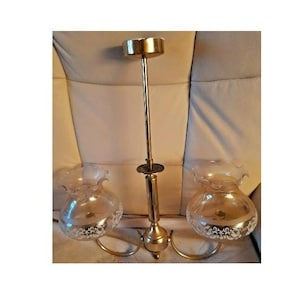 Retro/Vintage Twin arm brass ceiling light with decorative glass twin shades #2  VGC