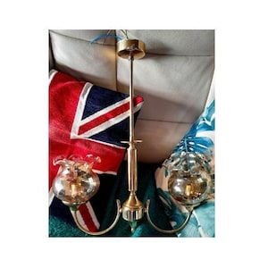 Retro/Vintage Twin arm brass ceiling light with decorative glass twin shades 18&quot; Wide VGC