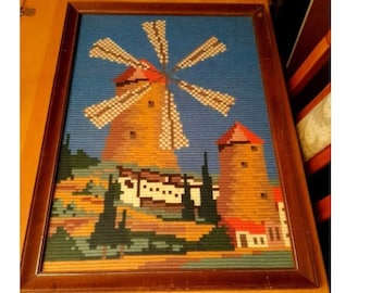 Vtg Framed Glazed Needlepoint Dutch Windmill LARGE Heavy 65 X 40 cm VGC
