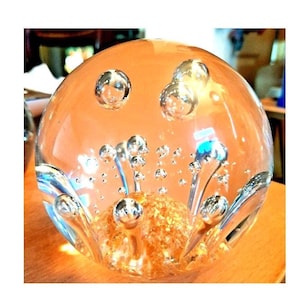 Large Golden Murano Glass Paperweight Ogetti 991gm 10cm Clear Controlled Bubbles Gold Base Superb Quality!