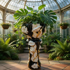 May include: A tall, black ceramic pedestal planter featuring raised, white sculpted flowers with gold-painted accents. The planter holds a large, green monstera plant with broad, split leaves and trailing ivy vines cascading down the sides.