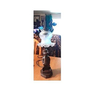 Figural goose-neck table lamp with clear to pink glass shade Young Victorian Boy VGC