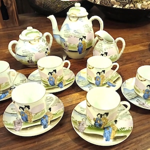 Vintage Japanese Geisha Coffee/Tea Set Lithophane Demitasse 15 Piece  in good used condition (see description)
