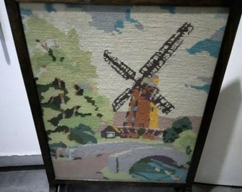 Oak-Framed Needlepoint Firescreen With Handle Under Glass Antique 19th Century