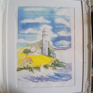 Acuarela original enmarcada firmada por P Lewis, 56 cm x 46 cm, paisaje marino con faro