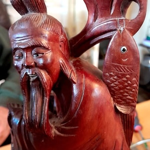 Chinese boxwood figural table lamp 13&quot;60cm Inline switch  fisherman Rare VGC